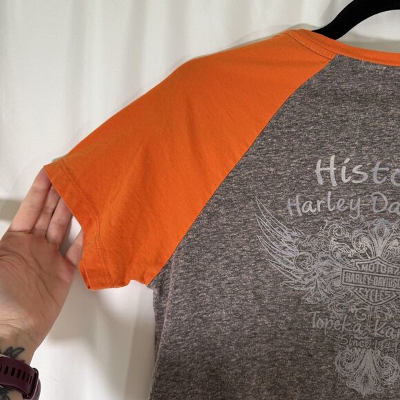 Harley Davidson Shirt Women's medium Heathered Grey Orange Short Sleeve Cotton - Picture 9 of 9
